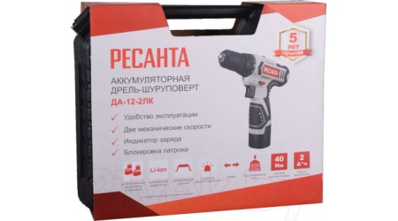 Аккумуляторная дрель-шуруповерт Ресанта ДА-12-2ЛК (75/14/2)