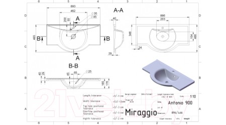 Умывальник Miraggio Antonio Matt 900