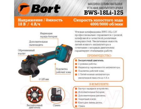 Угловая шлифовальная машина Bort BWS-18Li-125 (93722340)