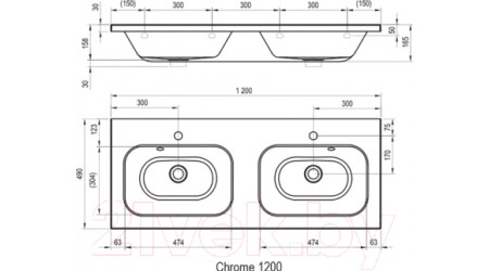 Умывальник Ravak Chrome 120x49 / XJG01212000 (со скрытым переливом)
