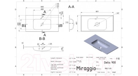 Умывальник Miraggio Della Matt 900