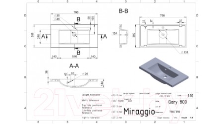 Умывальник Miraggio Gary 800