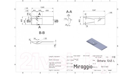 Умывальник Miraggio Ontario Matt 1245 L