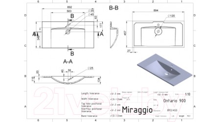 Умывальник Miraggio Ontario Matt 900